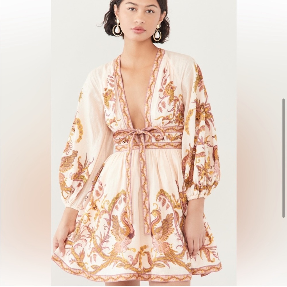 Zimmermann Cassia Plunge Bow Linen Mini Dress 00